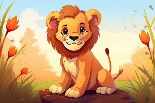 Lion drôle dans la nature sauvage Illustration d'animal de dessin animé dessiné ai génératif