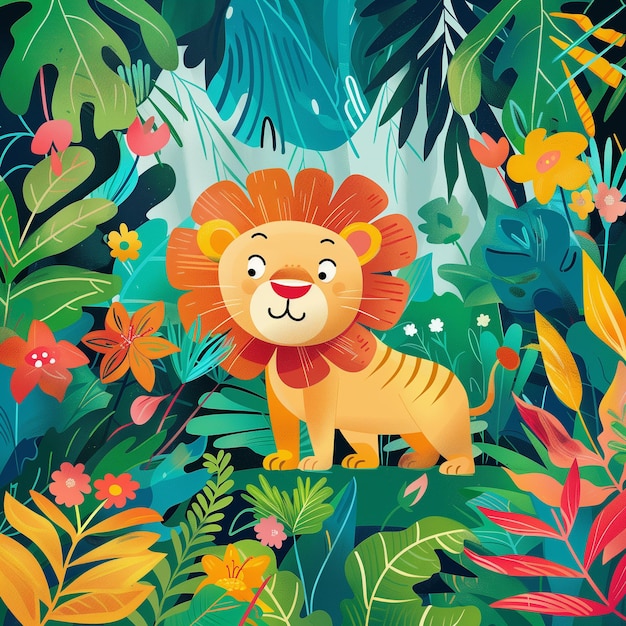 Le lion drôle jouant dans la scène d'art numérique colorée de la jungle