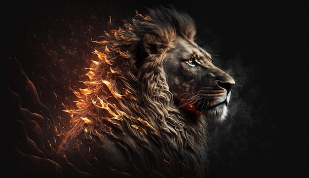 Un lion avec du feu sur sa crinière