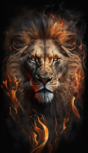 Un lion avec du feu sur son visage