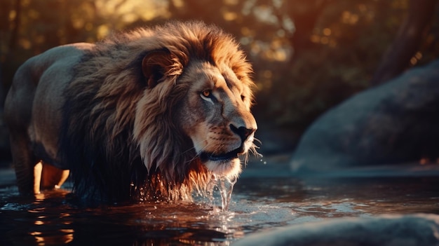 Lion eau potable image animale au ralenti art généré par Ai