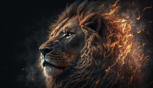 Un lion avec un effet de feu dessus