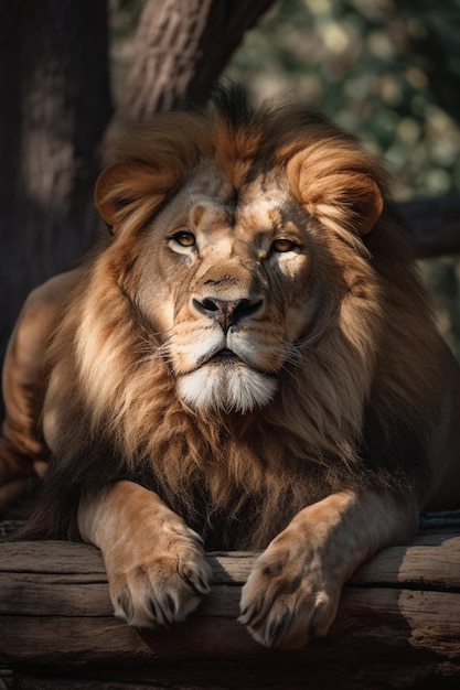 Un lion est allongé sur une plate-forme en bois.