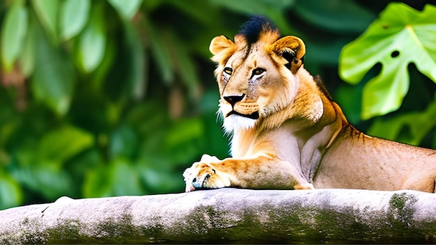 Un lion est assis sur une branche