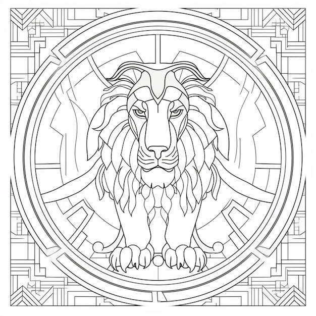 Un lion est assis dans un vitrail avec des motifs géométriques ai génératif