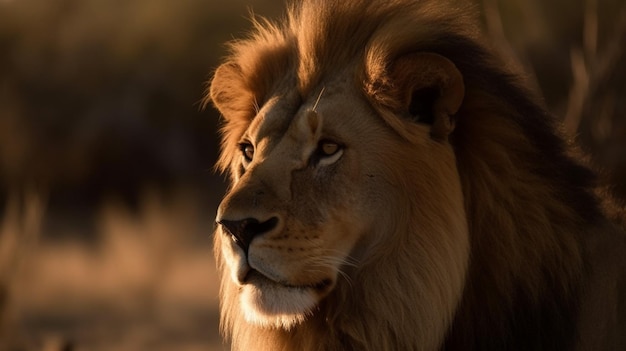 Un lion à l'état sauvage avec un fond de coucher de soleil