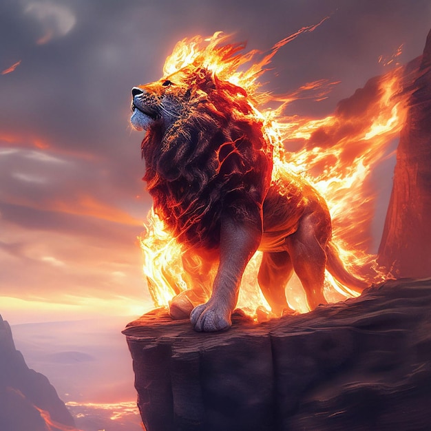 Lion en feu au bord d'une illustration fantastique de falaise