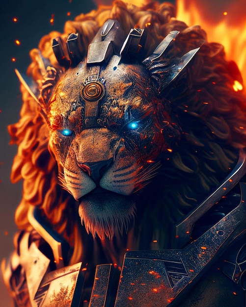 Un lion avec un feu dans les yeux