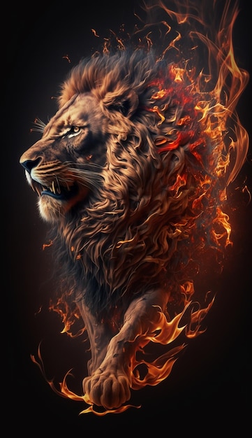 Lion en feu sur fond noir