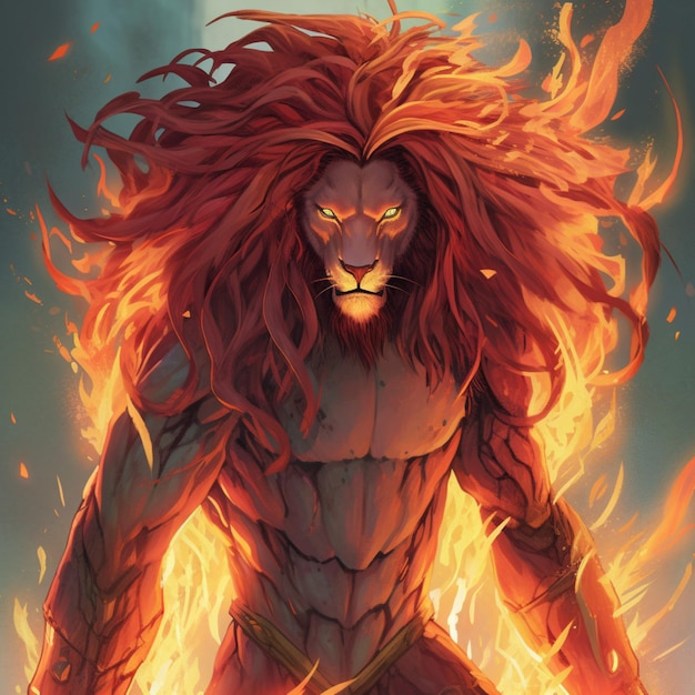 Un lion avec un feu sur sa poitrine se tient en flammes.
