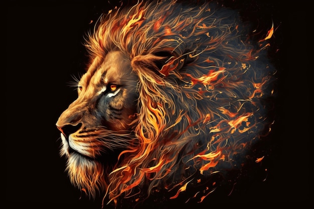 Un lion avec un feu sur la tête