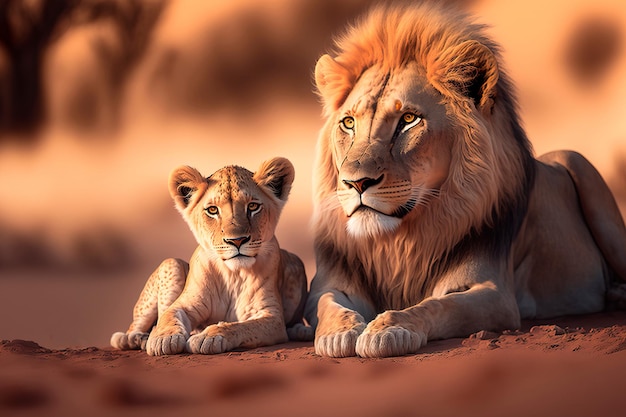 Un lion fier et son petit sont heureux ensemble dans une illustration numérique réaliste de paysage africain