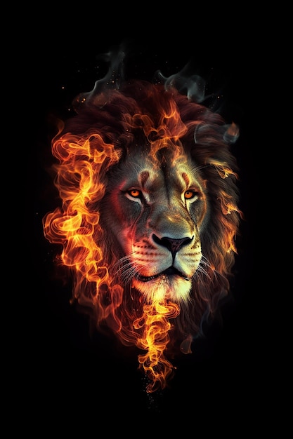 Un lion en flammes sur fond noir