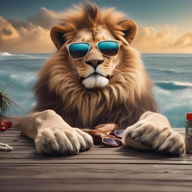 Un lion frais avec des lunettes de soleil se détend sur la plage