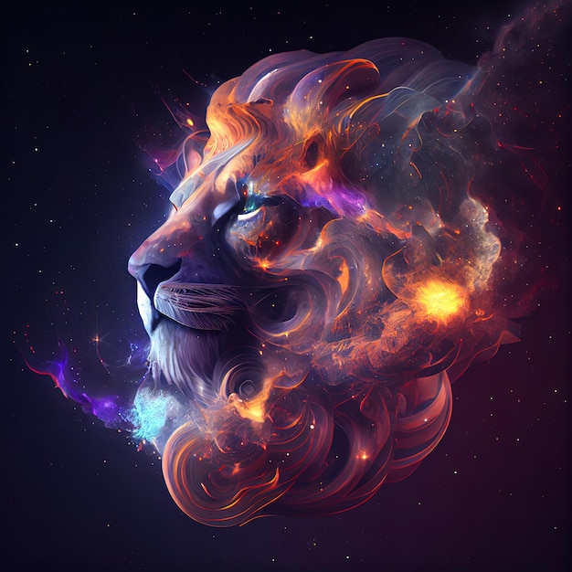 Le lion des galaxies des spirales de l'espace des nébuleuses des étoiles de fumée AI render