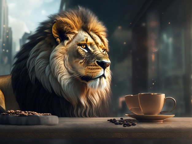 Un lion et des grains de café sont exposés dans un café.