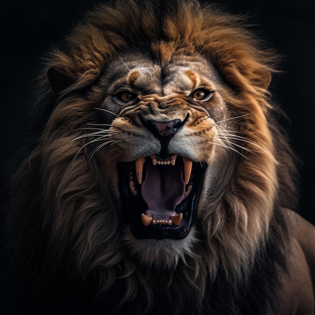 Un lion avec une grande bouche et un fond noir