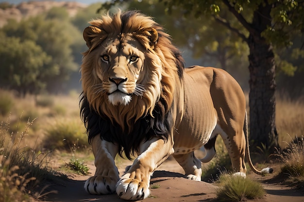 le lion avec une grande crinière est debout