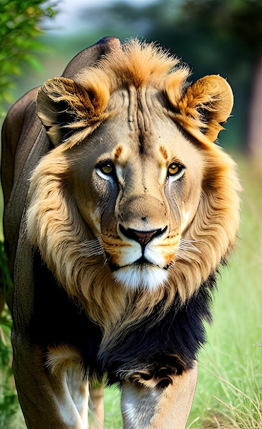 Un lion avec une grande crinière et une grande oreille.