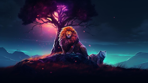 Lion Hill prochain arbre néon animal fond d'écran image Ai généré art