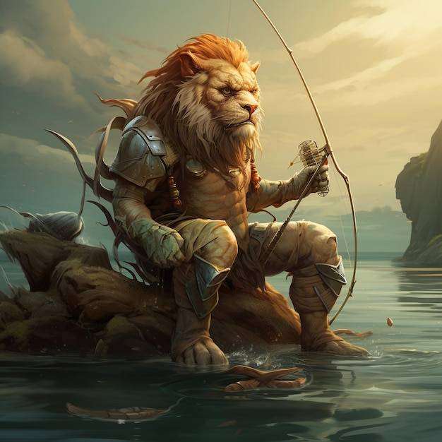 un lion humanoïde à la pêche