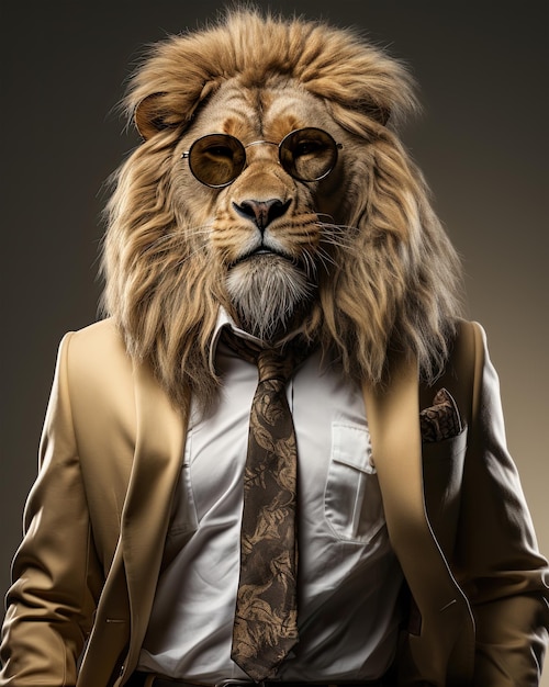 un lion intelligent portant un costume sombre