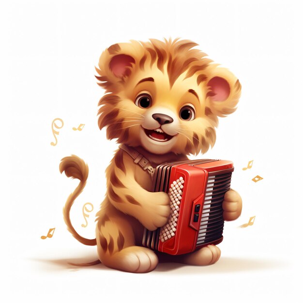 Photo le lion joue de la musique un animal mignon joue de l'accordéon
