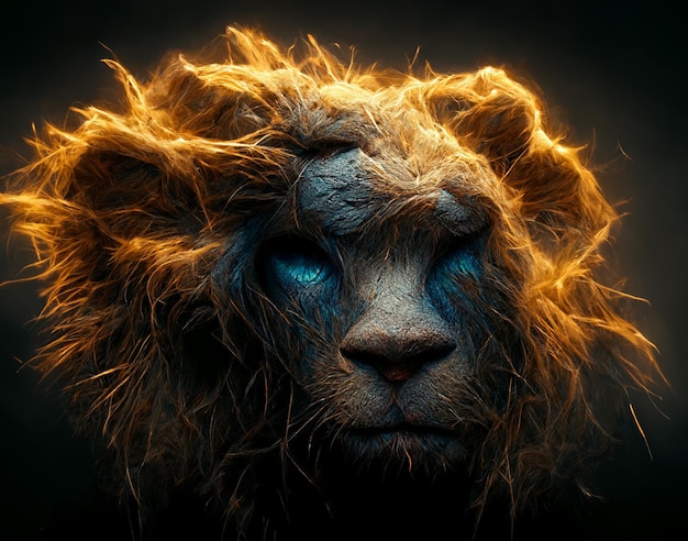 Lion à lame avec des yeux bleus et une crinière avec des cheveux longs