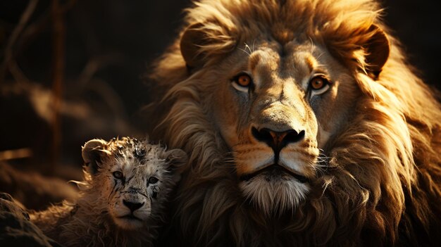 Un lion et une lionne se regardent.