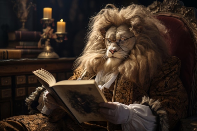 Le lion avec des lunettes est assis et lit le livre