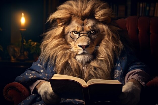 Photo le lion avec des lunettes est assis et lit le livre