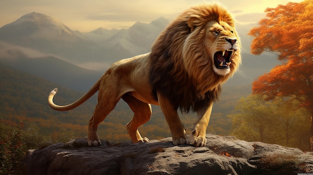 Le lion majestueux en 3D rugissant au milieu de la nature
