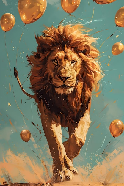 Un lion majestueux avance au milieu d'orbes dorées flottantes sur un fond bleu vif