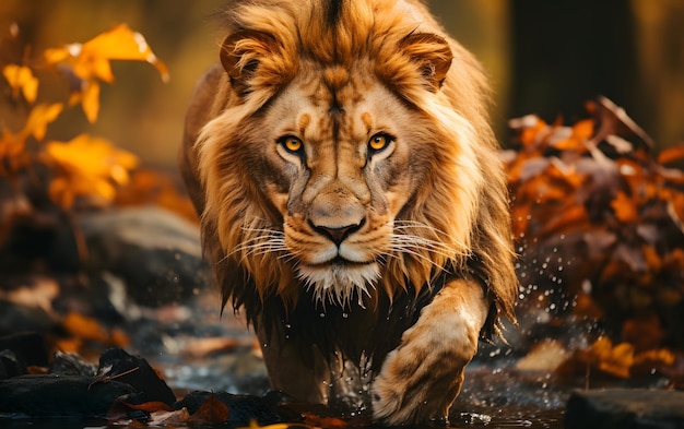 Lion majestueux courant vers la caméra
