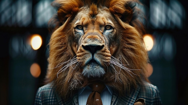 Un lion majestueux dans un costume élégant posant sur une piste de mode exhalant de la confiance