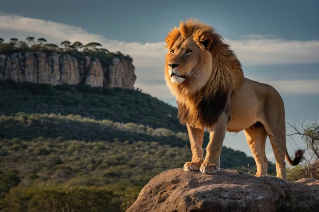 Photo un lion majestueux debout sur une falaise rocheuse surplombant la savane