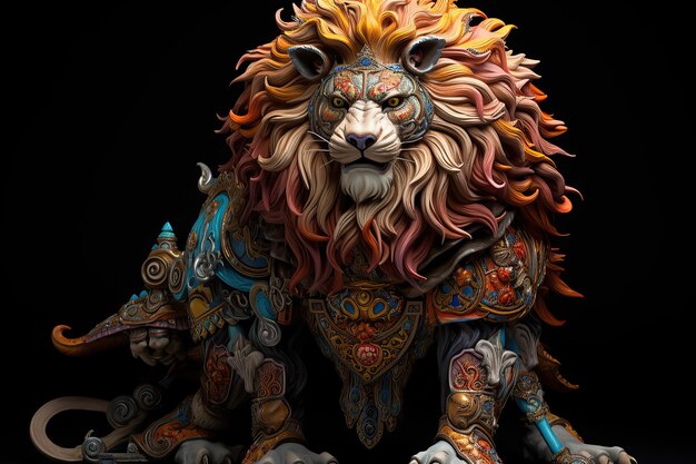 Le lion majestueux est orné du costume d'un empereur de guerre classique.