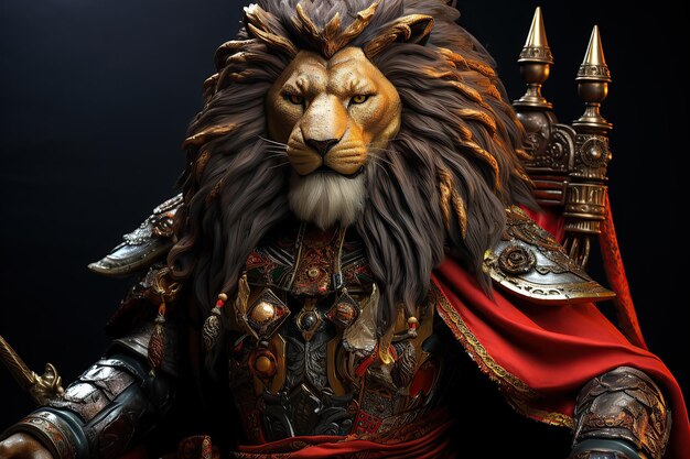 Le lion majestueux est orné du costume d'un empereur de guerre classique.