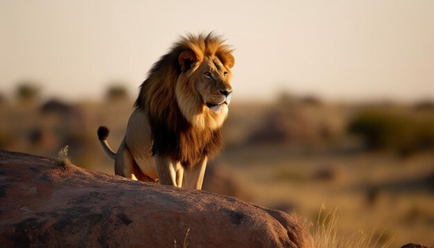 Lion majestueux marchant dans la vigilance sauvage dans ses yeux générés par l'intelligence artificielle
