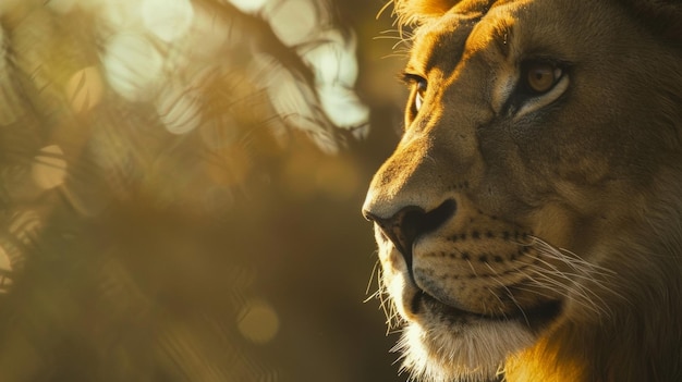 Un lion majestueux avec un regard concentré mis en évidence par la lumière du coucher du soleil