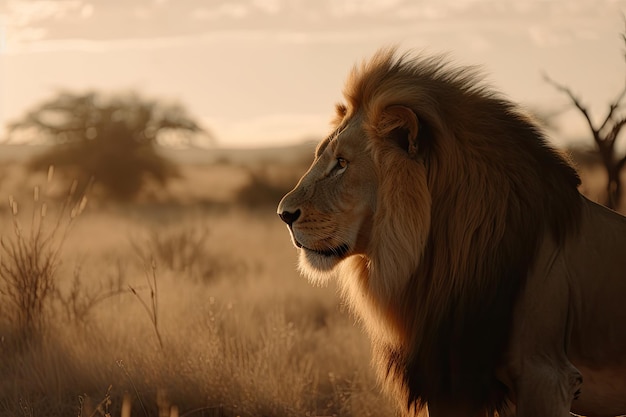 Le lion majestueux règne sur la savane dorée générative IA