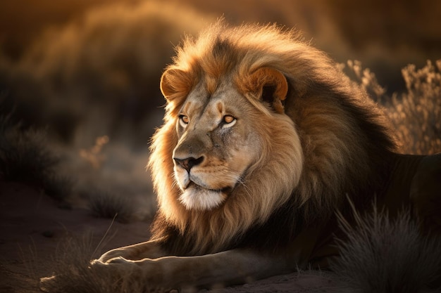 Un lion majestueux repose sur l'IA générative de la savane africaine