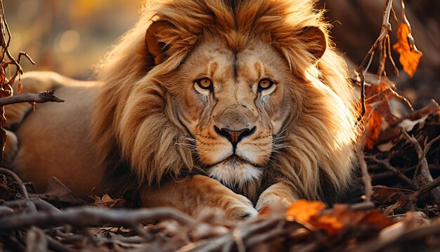 Lion majestueux se reposant dans la nature, se cachant dans l'herbe générée par l'intelligence artificielle