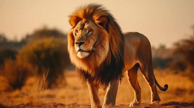 Photo le lion majestueux se tient sur la prairie