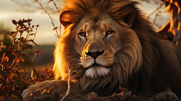 Lion mâle sur la colline sur fond de coucher de soleil