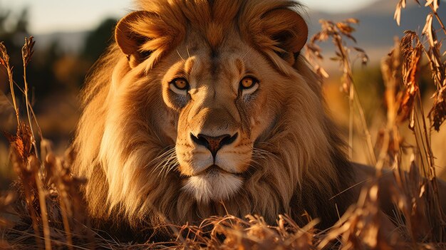 Lion mâle sur l'herbe de la savane avec un fond d'arbres dans les collines