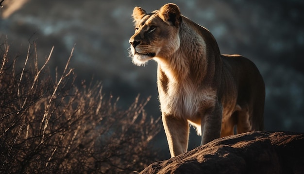 Lion mâle majestueux marchant dans la nature sauvage, vigilance dans ses yeux générée par l'intelligence artificielle
