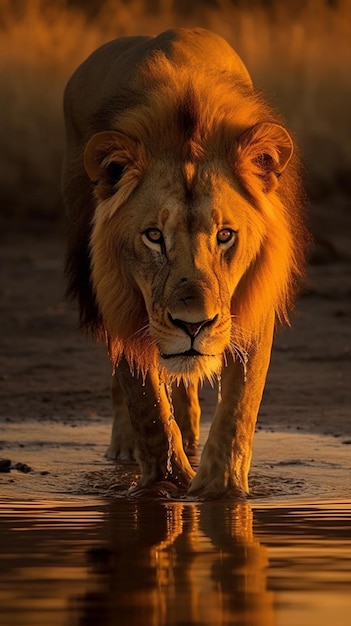 Un lion marchant au coucher du soleil