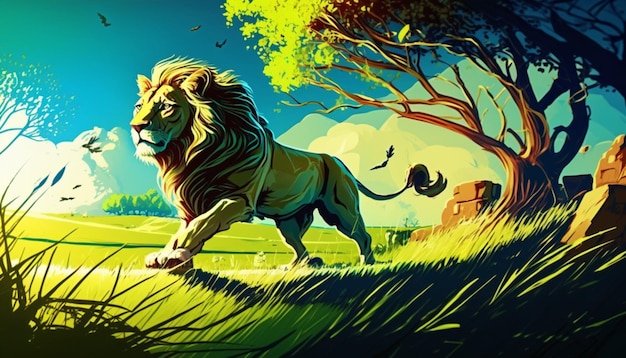 Lion marchant sur une pelouse avec un océan en arrière-plan et un soleil radieux