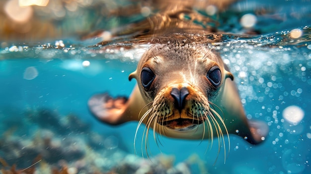 Un lion de mer nage sous l'eau dans une mer bleue